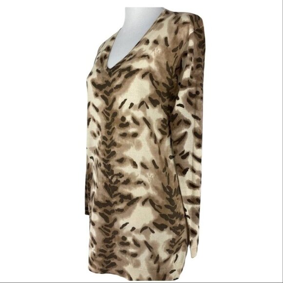 Adrienne Vittadini Women's Tan Animal Print Wool V-Neck Tunic‎ Sweater M/C38 - Picture 3 of 9
